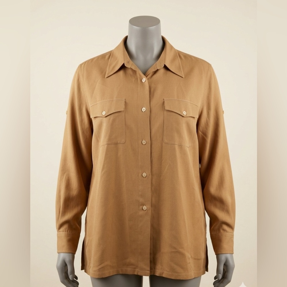 Lauren Ralph Lauren 100% Silk Twill Safari Shirt 2X Vintage Late 90s / Y2K